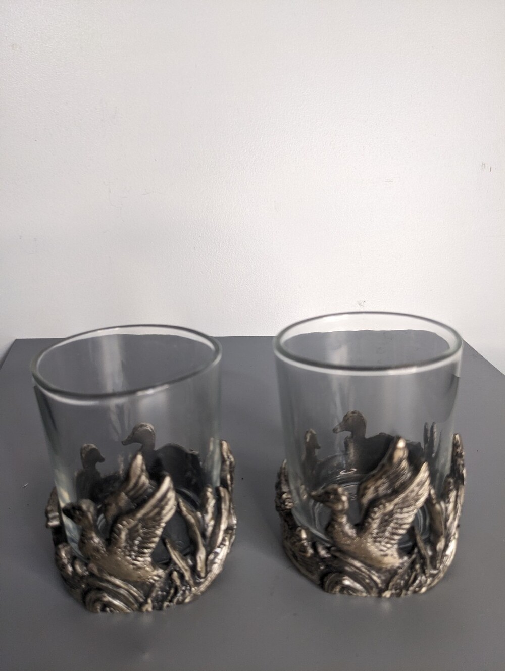 Vintage Taiwan Pewter Duck Glass Holders Set Of Two Wildlife Sculpted Decorative